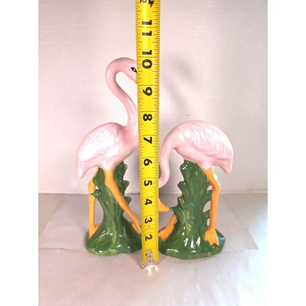 Vintage 1970's Ceramic Glossy Pink Flamingo Figurine Set    10” & 7” Tall